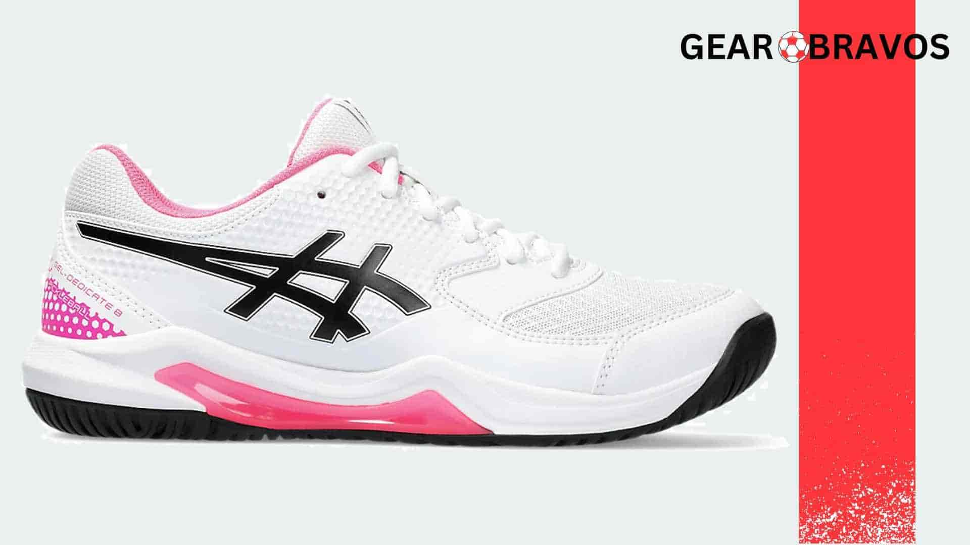 ASICS Gel Dedicate 8 pickleball shoe highlighting its durable construction and cushioned design for maximum comfort.