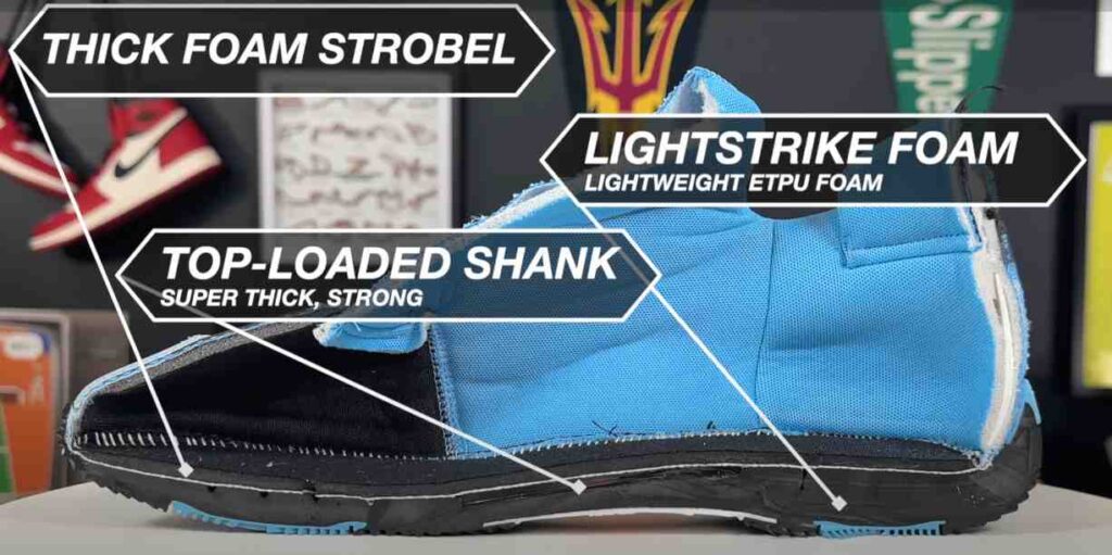 Cross-section of Adidas D.O.N. Issue 5 pickleball shoe with thick foam strobel, Lightstrike foam, and top-loaded shank for cushioning and support.